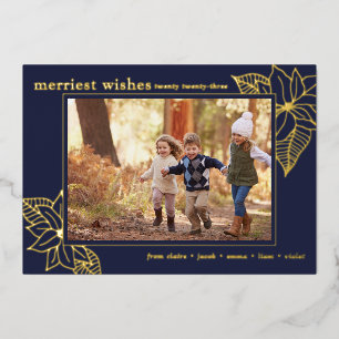Kerstmis Poinsettia 1 foto Navy blauw en goud Folie Feestdagenkaart