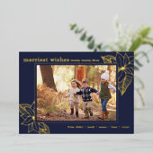 Kerstmis Poinsettia | 1 foto Navy blauw en goud Folie Feestdagenkaart (Staand Voorkant)
