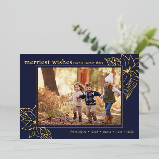 Kerstmis Poinsettia | 1 foto Navy blauw en goud Folie Feestdagenkaart (Staand Voorkant)
