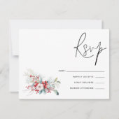 Kerstmis Poinsettia Bessen Script Bruiloft RSVP (Voorkant)
