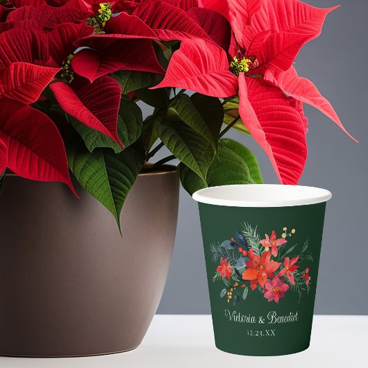 Kerstmis Poinsettia Elegant Floral Green Wedding Papieren Bekers