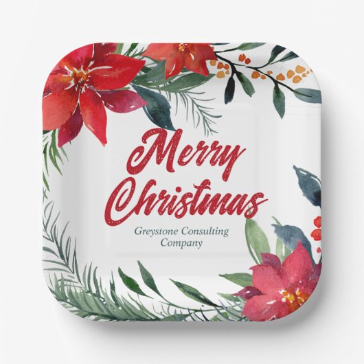 Kerstmis Poinsettia Floral Company Holiday Party Papieren Bordje (Voorkant)