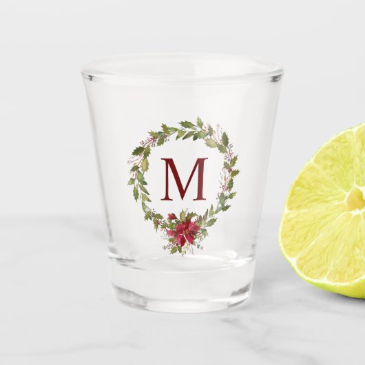 Kerstmis Poinsettia Holly Wreate Monogram Shot Glas (Voorkant)
