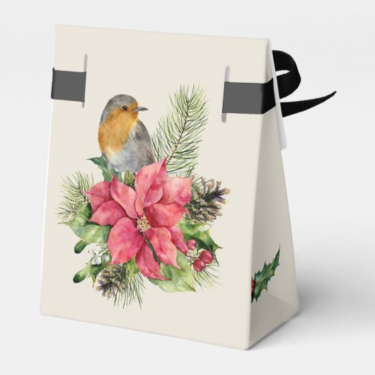 Kerstmis poinsettia, robin, dennen, kegels, hulst bedankdoosjes (Achterkant)