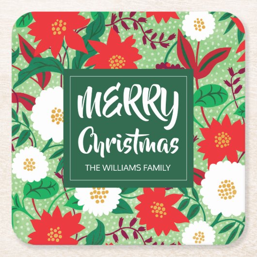 Kerstmis Poinsettia Rood Wit Bloemen Monogram Vierkante Kartonnen Onderzetter (Voorkant)