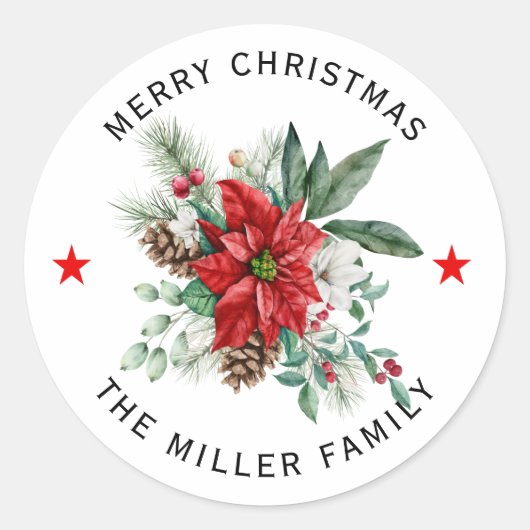 Kerstmis Poinsettia vakantieboeket Ronde Sticker (Voorkant)