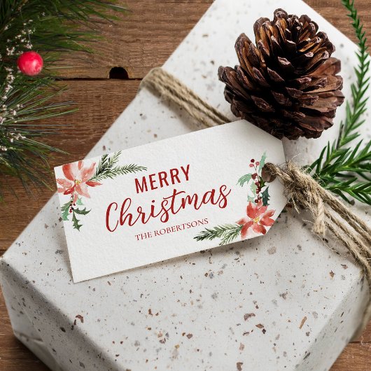 Kerstmis Poinsettia Waterverf Botanisch Cadeaulabel