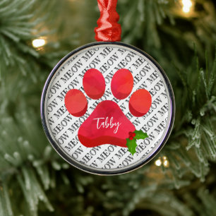 Kerstmis Pootafdruk Meow Kat NAAM Hulst Pret Metalen Ornament