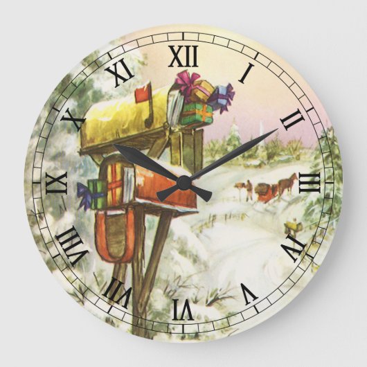 Kerstmis, postvakken in het winterlandschap grote klok (Voorkant)