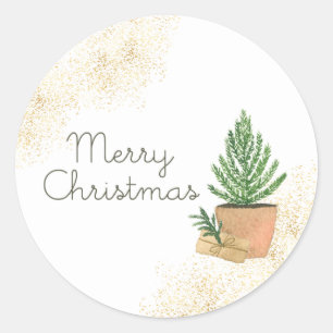 Kerstmis Potted Fir Boom en Kraft Pakket Ronde Sticker
