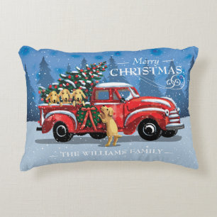 Kerstmis Red Truck met Dogs Familienaam Accent Kussen