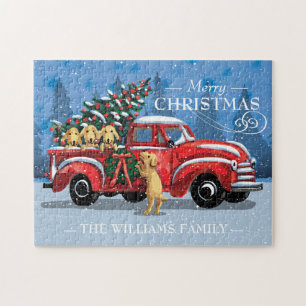Kerstmis Red Truck met Dogs Familienaam Legpuzzel