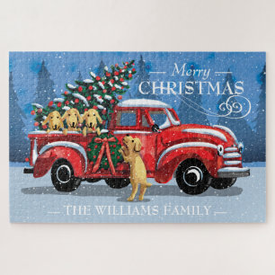 Kerstmis Red Truck w/Dogs Familienaam Lg Legpuzzel