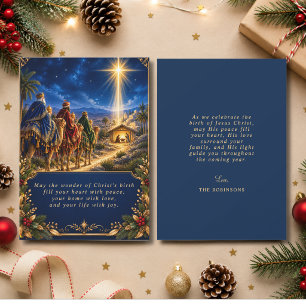 Kerstmis Religieus Geboortetoneel Blauw Goud Feestdagenkaart