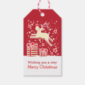 Kerstmis rendieren springen over geschenken rood l cadeaulabel (Voorkant)