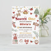 Kerstmis rendieren zoet een 1e verjaardagsfeest kaart (Staand voorkant)