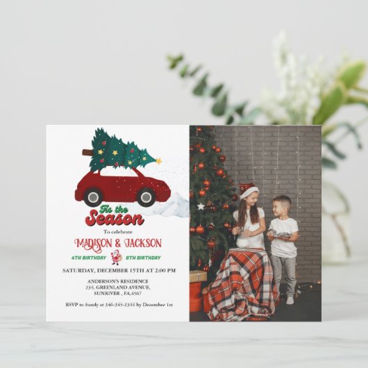 Kerstmis Retro Groovy tweeling verjaardagsfeestje Kaart (Staand voorkant)