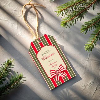 Kerstmis retro rood groene strepen met strik cadeaulabel