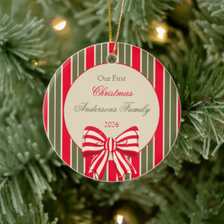 Kerstmis retro rood groene strepen met strik keramisch ornament