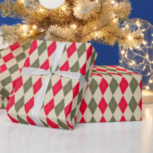 Kerstmis retro rood salie groen argyle elegant cadeaupapier