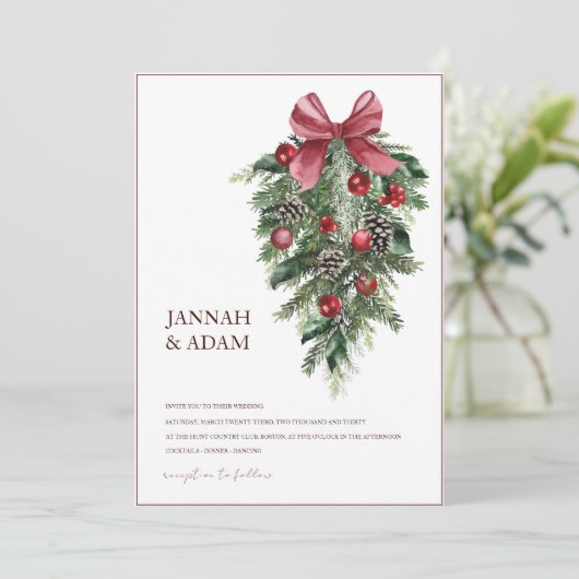 Kerstmis Rode en Groene Winter Feestelijke Bruilof Kaart (Staand voorkant)