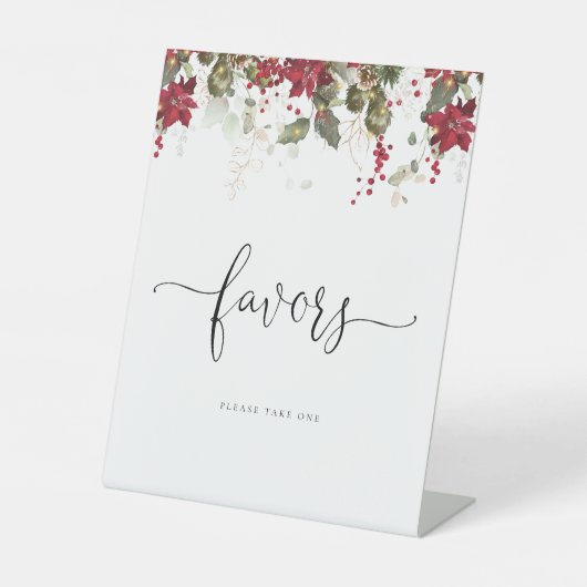 Kerstmis Rode Poinsettia Favors Sign Reclamebord Met Voetstuk (Voorkant)