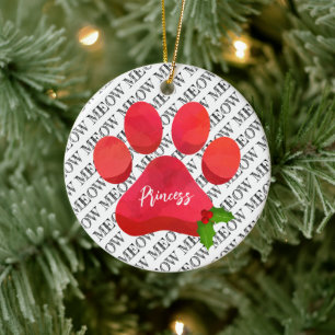 Kerstmis Rode Pootafdruk MEOW Kat NAAM Hulst Pret Keramisch Ornament