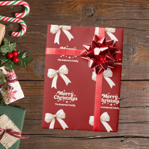 Kerstmis rode roomkleurige strik retro cadeaupapier