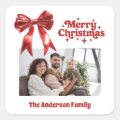 Kerstmis rode strik retro foto vierkante sticker (Voorkant)