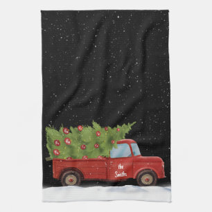 Kerstmis Rode Truck met Naam Theedoek