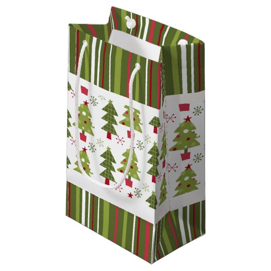 Kerstmis Rode, Witte en Groene Bomen en Strepen Klein Cadeauzakje (Voorkant Gekanteld)
