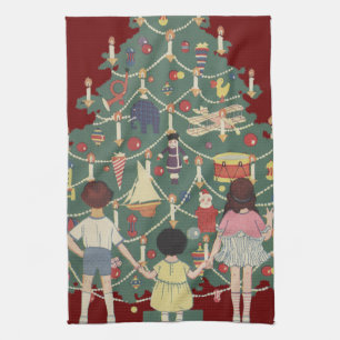 Kerstmis rond een versierde kerstboom in vintage s theedoek