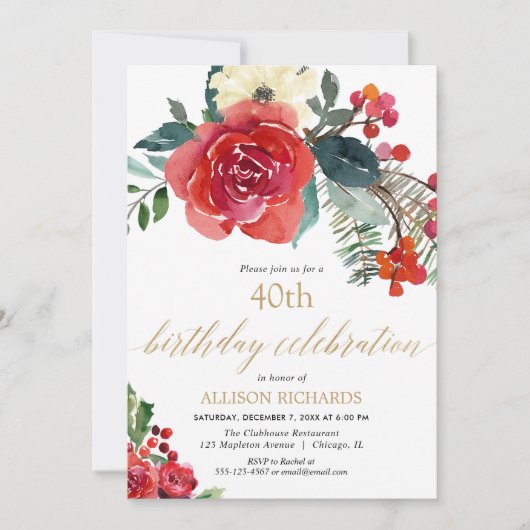 Kerstmis rood groen bloemig hulst bessen verjaarda kaart (Voorkant)