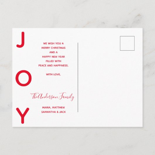 Kerstmis rood wit blijdschap foto modern script briefkaart (Achterkant)
