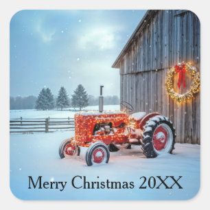 Kerstmis Roode Boerentractor in de Sneeuw Vierkante Sticker