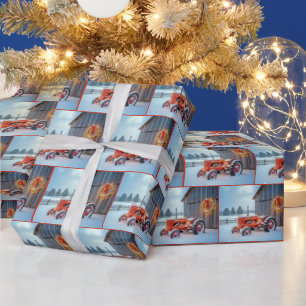 Kerstmis Roode Boerentractor In Sneeuw Cadeaupapier