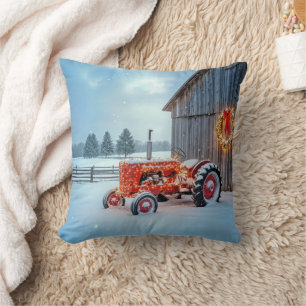 Kerstmis Roode Boerentractor In Sneeuw Kussen