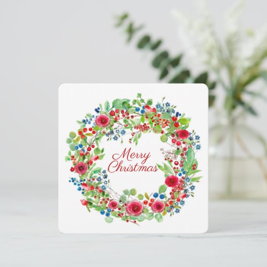 Kerstmis Roos Waterverf Wreate Feestdagenkaart (Staand voorkant)