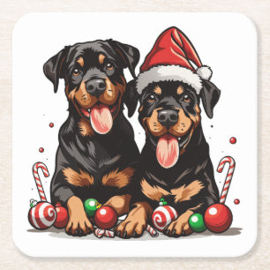 Kerstmis Rottweiler hond Kerstman Vierkante Kartonnen Onderzetter