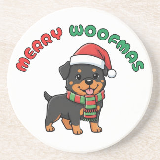 Kerstmis Rottweiler Onderzetter: Prettig Woofmis Zandsteen Onderzetter