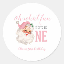Kerstmis Roze Kerstman Eerste Verjaardag Ronde Sticker