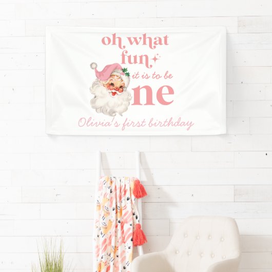 Kerstmis Roze Kerstman Eerste Verjaardag Spandoek (Insitu)