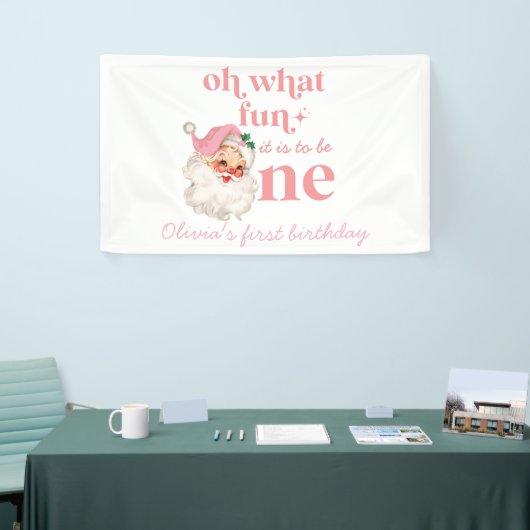 Kerstmis Roze Kerstman Eerste Verjaardag Spandoek (Beurs)