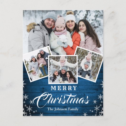 Kerstmis Rustic Wood 4 PHOTO Greeting Holiday Briefkaart (Voorkant)