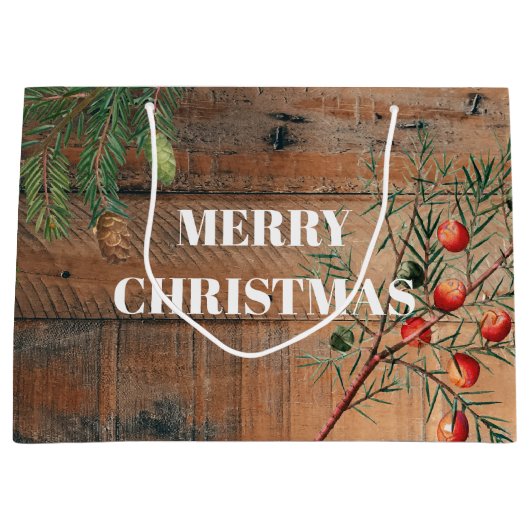 Kerstmis Rustic Wood Joy Merry kerst Groot Cadeauzakje (Voorkant)
