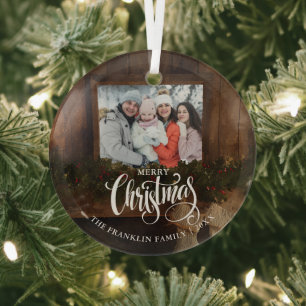 Kerstmis Rustieke Winter Open Haard Foto Glas Ornament