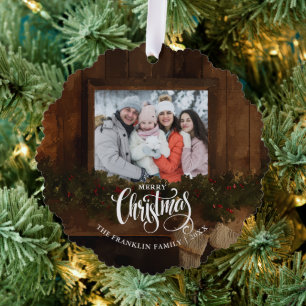 Kerstmis Rustieke Winter Open Haard Foto Ornament Kaart