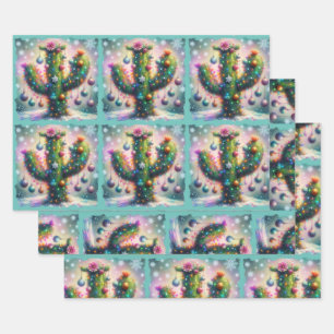 Kerstmis Saguaro Cactus Whimsical Sneeuwvlokken Inpakpapier Vel