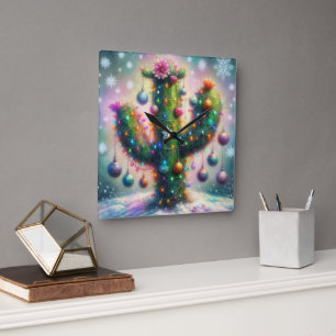 Kerstmis Saguaro Cactus Whimsical Sneeuwvlokken Vierkante Klok