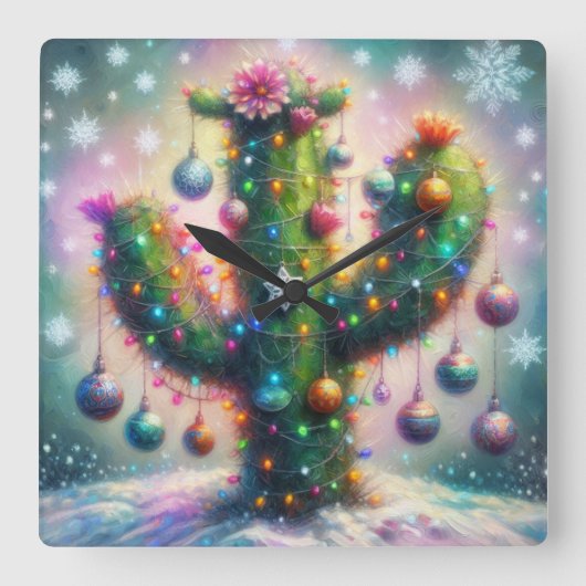 Kerstmis Saguaro Cactus Whimsical Sneeuwvlokken Vierkante Klok (Voorkant)